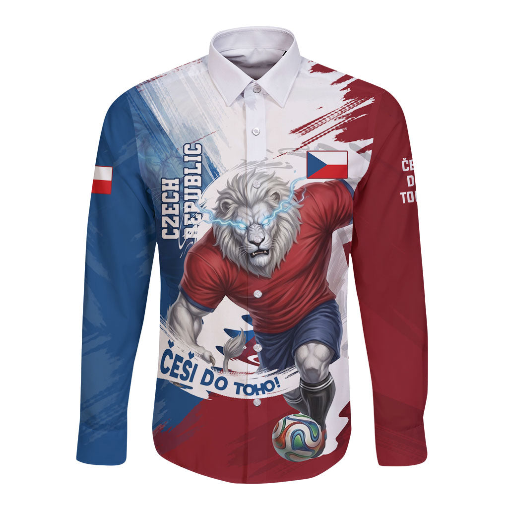 Czech Republic Football Long Sleeve Button Shirt Fierce Athletic Lion Graphic In Painted Grunge Flag Style