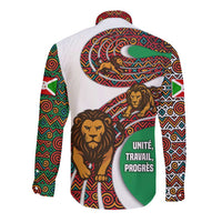Burundi Lion Tribal Pattern Long Sleeve Button Shirt with National Motto Unité Travail Progrès