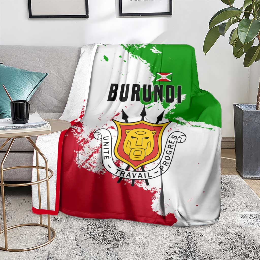 Burundi flag blanket on living room sofa with bold BURUNDI text and crest