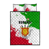 Burundi quilt bed set with shield emblem, black text, red-white-green design, and two pillows