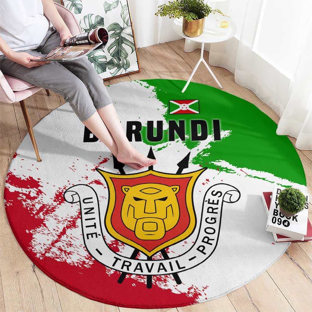 Burundi Flag Round Carpet with National Emblem and Motto Unité Travail Progres