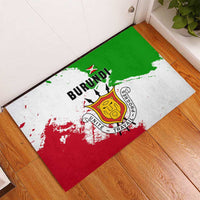 Burundi flag rubber doormat laid on floor, national emblem and motto text