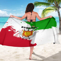 Burundi flag sarong with emblem and motto, held open from the back