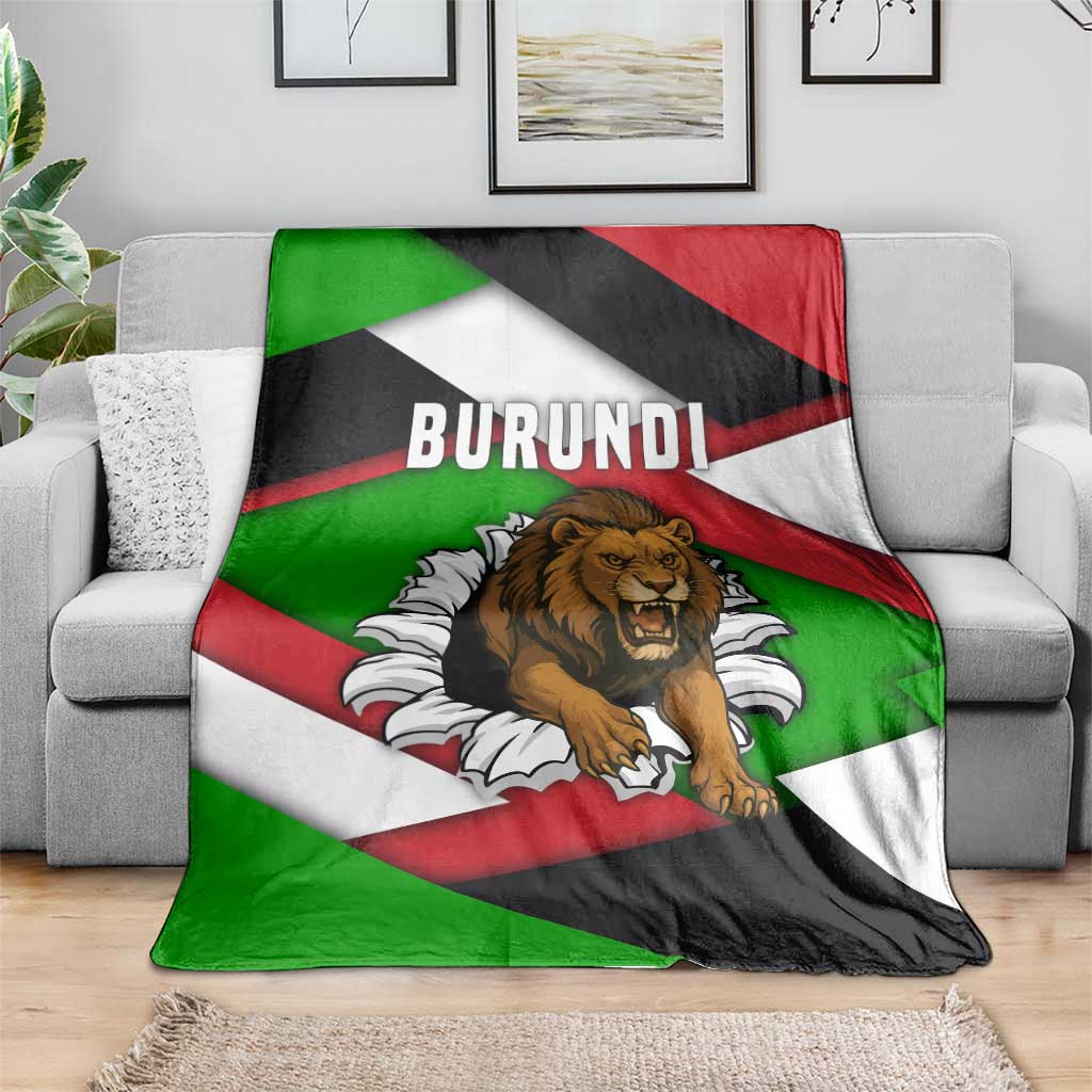 Burundi-themed lion throw blanket draped on a couch, showing BURUNDI and lion graphic