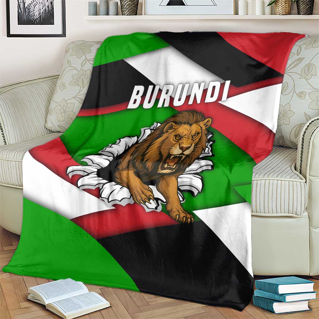 Burundi-themed lion throw blanket on sofa with diagonal flag stripes and BURUNDI text