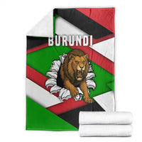 Burundi-themed lion throw blanket folded, with BURUNDI text and flag-color stripes