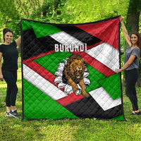 Burundi themed quilt blanket featuring a roaring lion, quilting texture, and red green black white stripes