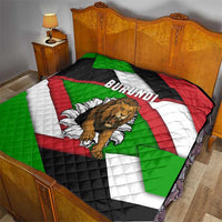 Quilt blanket with roaring lion artwork, BURUNDI title, and green red black white flag stripes