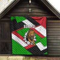 Quilt blanket with BURUNDI text, roaring lion design, and quilted green red black white pattern