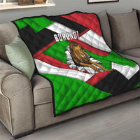Quilt blanket with roaring lion center image, BURUNDI text, and green red black white cross stripes