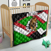 Child quilt blanket with BURUNDI title, roaring lion print, and green red black white diagonal design