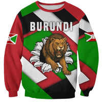 Unisex crewneck sweatshirt with Burundi lion graphic and green red white flag stripes