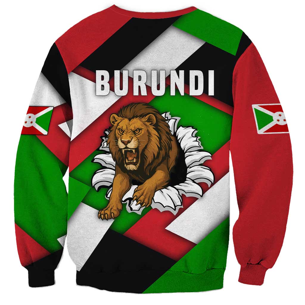 Unisex crewneck sweatshirt with Burundi lion graphic on multicolor flag stripe pattern