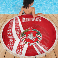Belarus Beach Blanket with National Emblem and Traditional Pattern Red