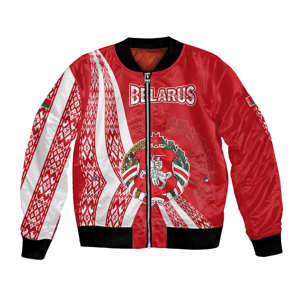 Belarus Bomber Jacket with National Emblem and Traditional Pattern Red