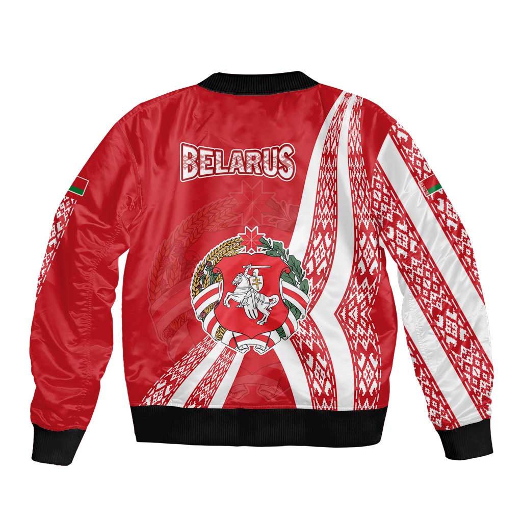 Belarus Bomber Jacket with National Emblem and Traditional Pattern Red