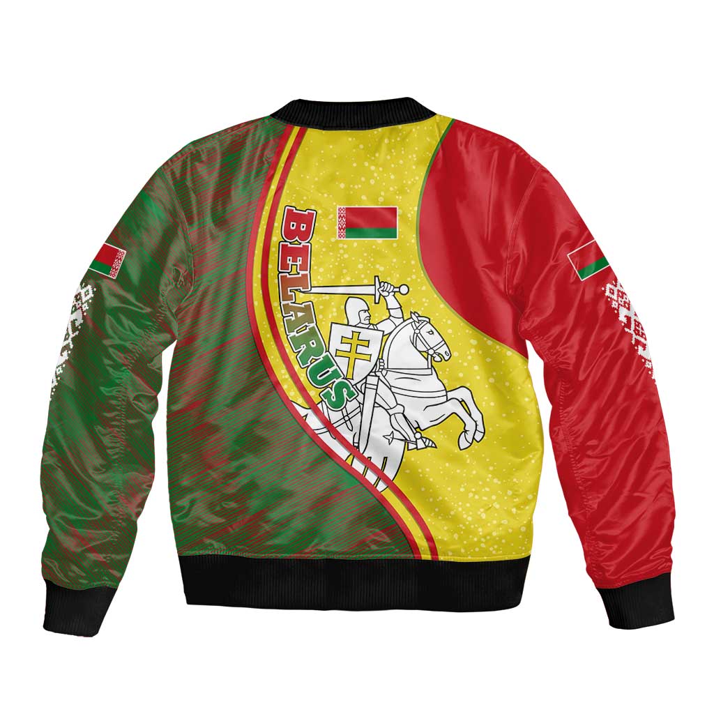 Belarus Pahonia Knight Crest Bomber Jacket with Red Green Yellow Folk Pattern Design