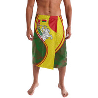 Mens lavalava sarong with red, yellow, and green folk crest pattern, side drape
