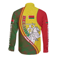 Belarus Pahonia Knight Crest Long Sleeve Button Shirt with Red Green Yellow Folk Pattern Design