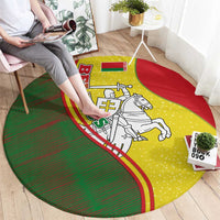Round carpet with folk crest and knight on horseback in red, yellow, green colors