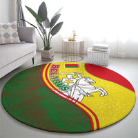 Round carpet with Belarus-style crest, knight and horse graphic on yellow center