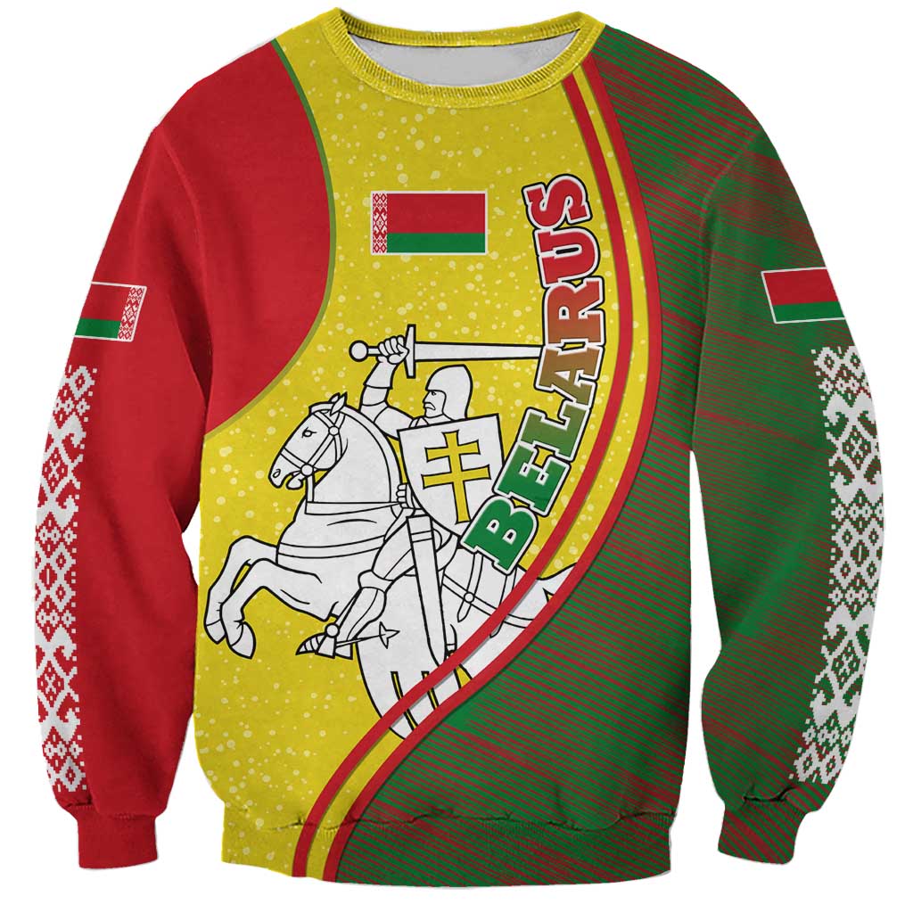 Belarus Pahonia Knight Crest Sweatshirt with Red Green Yellow Folk Pattern Design
