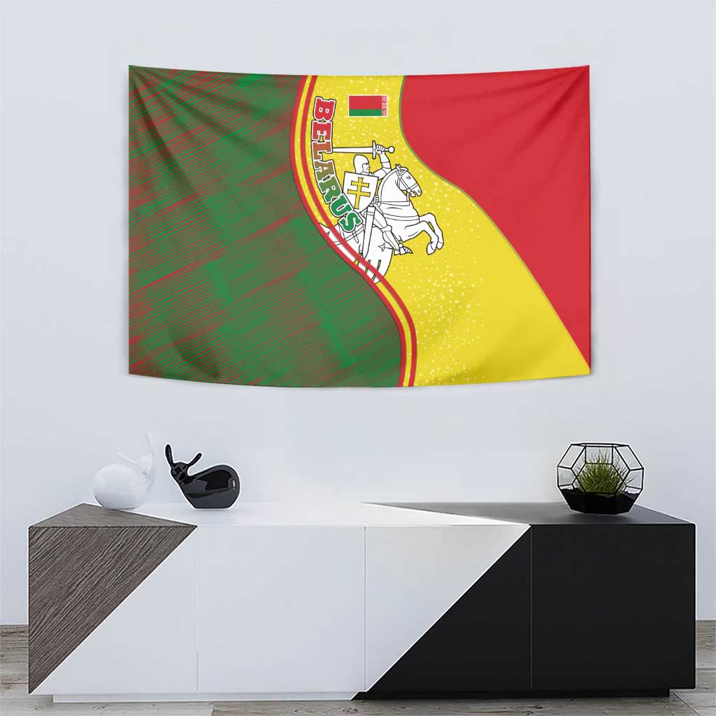 Belarus Pahonia Knight Crest Tapestry with Red Green Yellow Folk Pattern Design