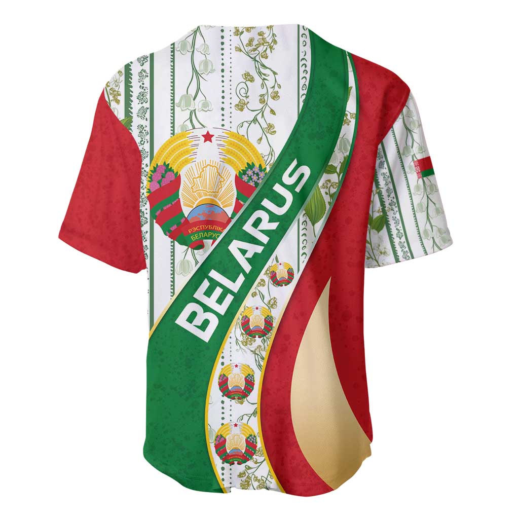 Baseball jersey with Belarus crest and diagonal BELARUS text on green red white folk print