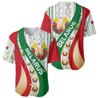 Two-tone Belarus baseball jersey with crest emblem, BELARUS stripe, and folk motifs