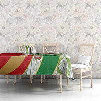 Multicolor folk tablecloth with Belarus emblem, green leaf border, and red green gold panels