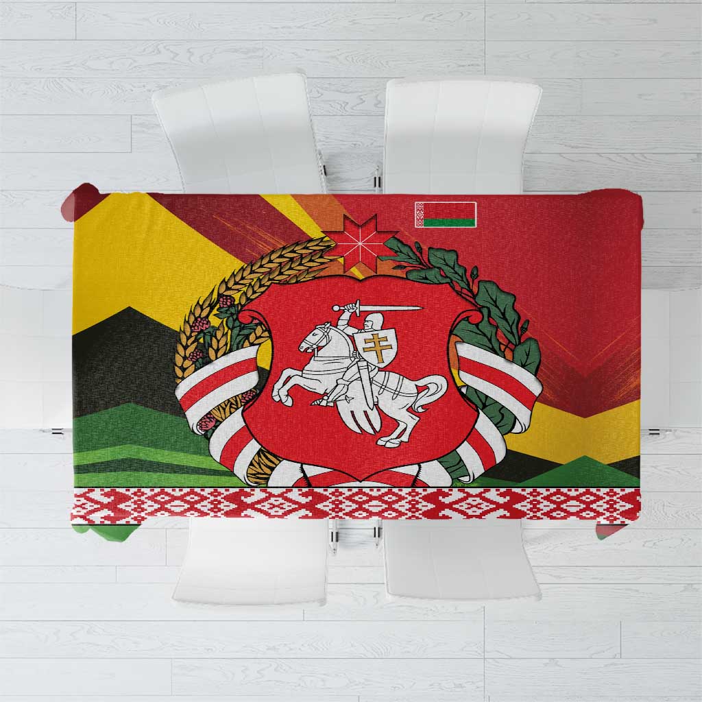 Belarus Red and Yellow National Crest Tablecloth with Pahonia Knight and Folk Motif Design
