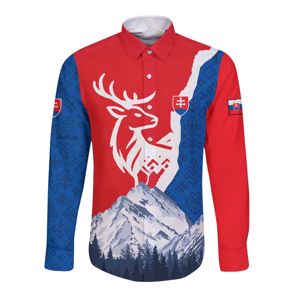 Unisex long-sleeve button shirt with red/blue deer and mountain graphic, front view