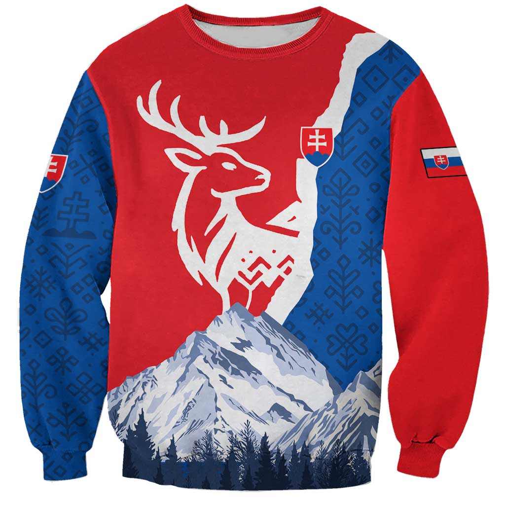 Red and blue unisex sweatshirt with white reindeer, mountains print and national emblem