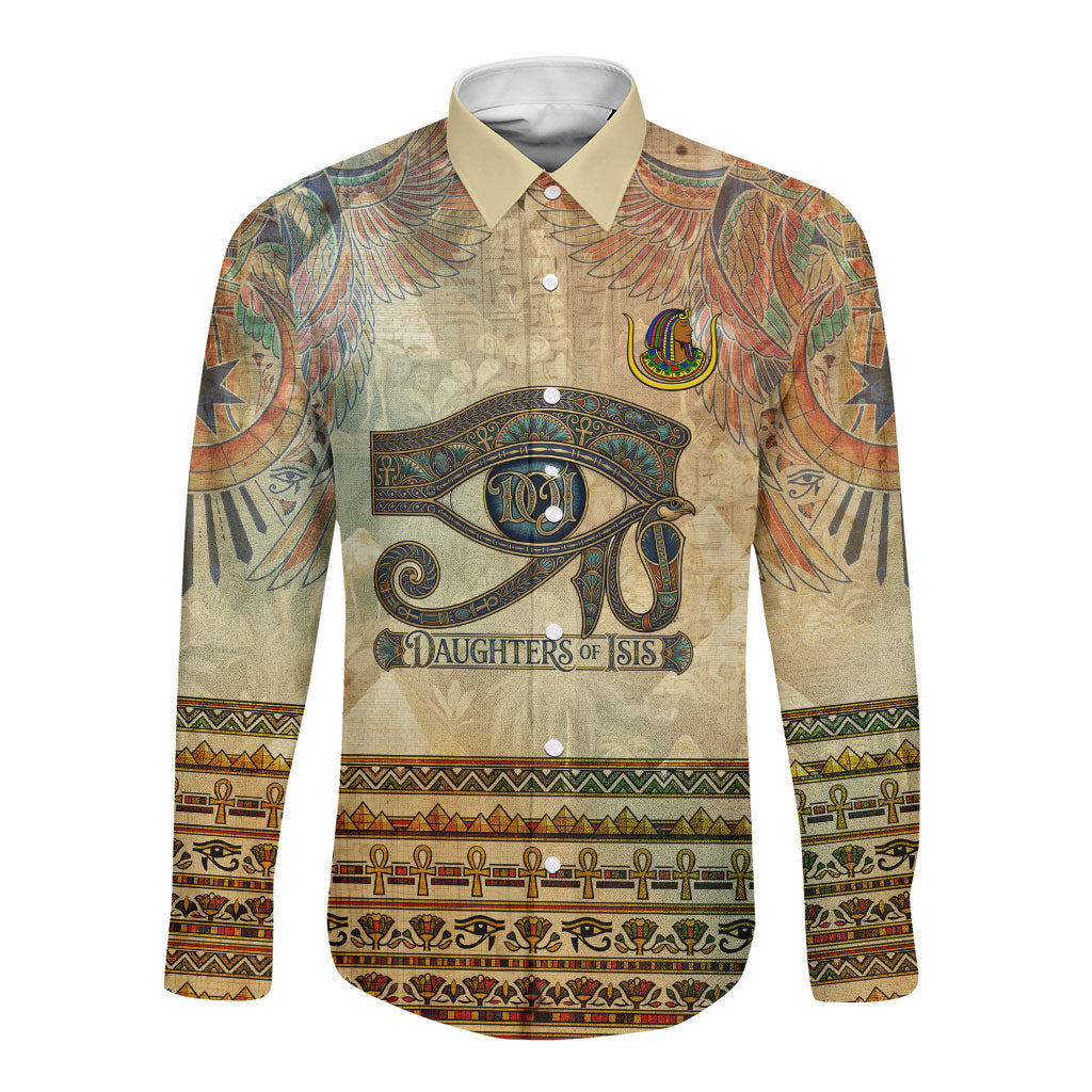 Daughters Of Isis Long Sleeve Button Shirt Eye Of Horus Ancient Egyptian Goddess - Vintage Parchment Art