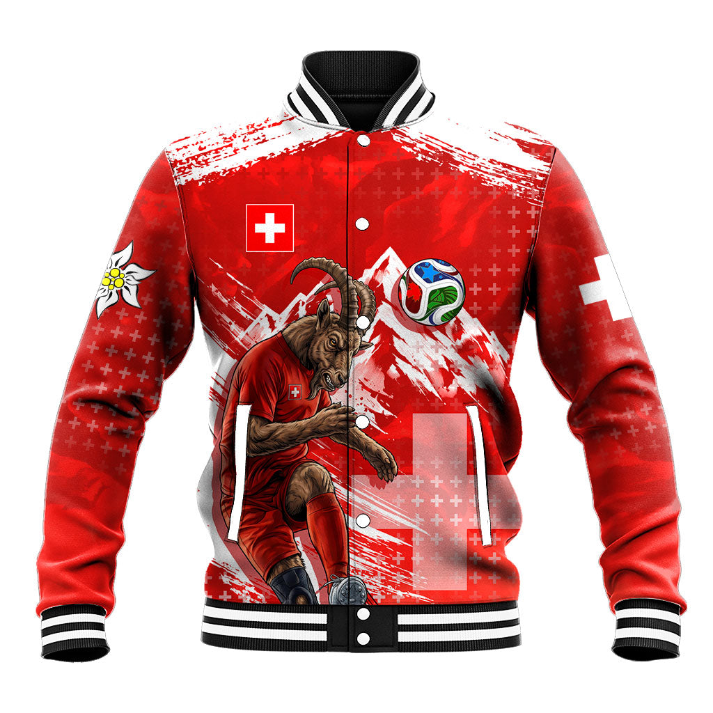 Personalized Switzerland Football Alpine Goat Baseball Jacket Swiss Flag Snow Mountain - Soccer Mascot