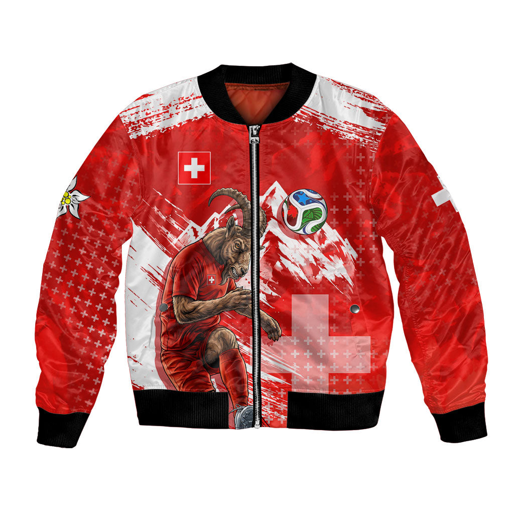 Personalized Switzerland Football Alpine Goat Bomber Jacket Swiss Flag Snow Mountain - Soccer Mascot