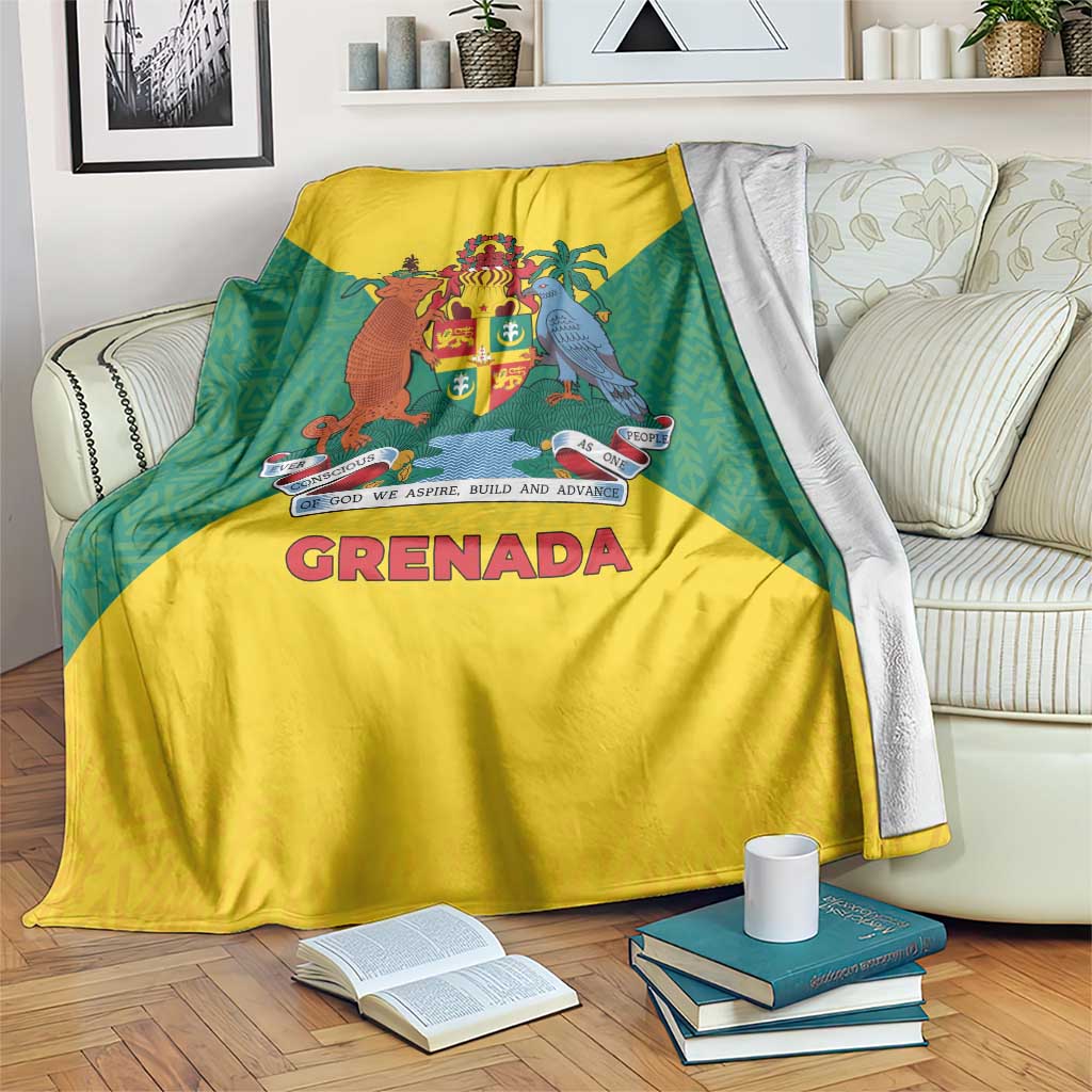 Grenada Coat of Arms Blanket with Yellow Green Flag Colors and Tribal Pattern Design - Wonder Print Shop