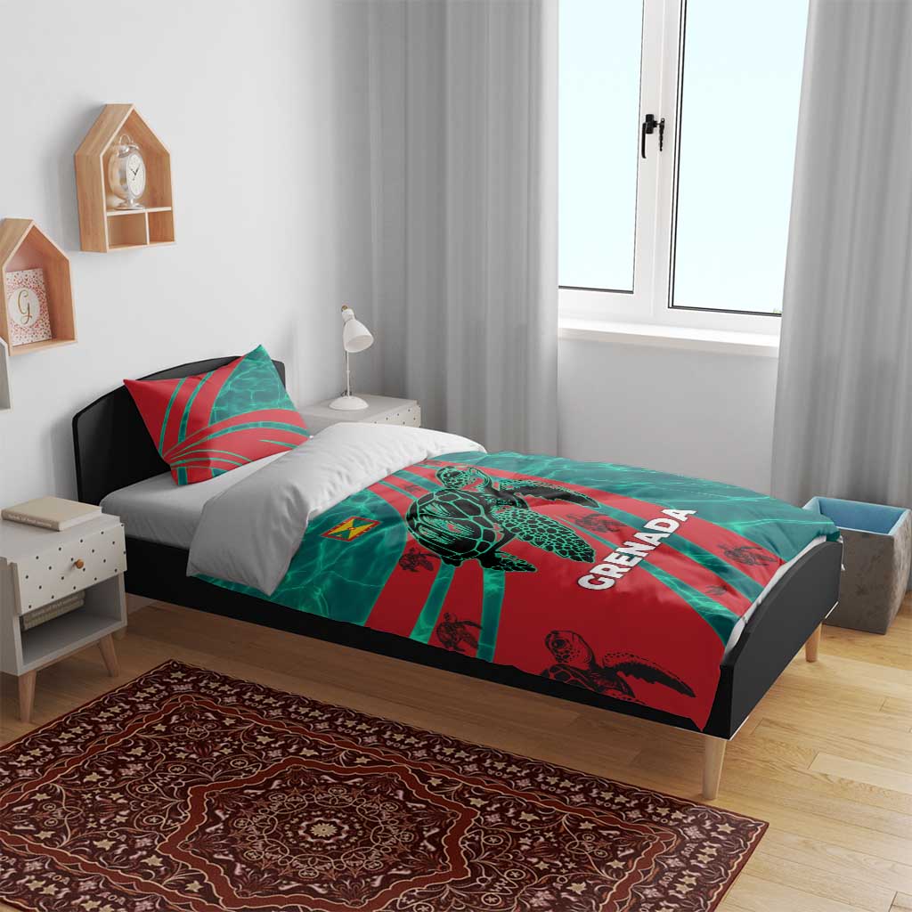Grenada Sea Turtle Bedding Set with Red Wave Stripes and Ocean Water Background - Wonder Print Shop