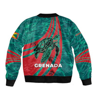 Grenada Sea Turtle Bomber Jacket with Red Wave Stripes and Ocean Water Background - Wonder Print Shop