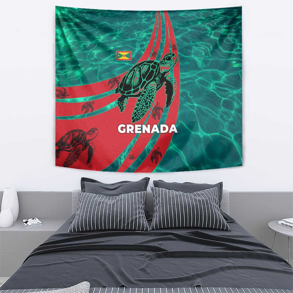Grenada Sea Turtle Tapestry with Red Wave Stripes and Ocean Water Background - Wonder Print Shop