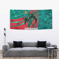 Grenada Sea Turtle Tapestry with Red Wave Stripes and Ocean Water Background - Wonder Print Shop