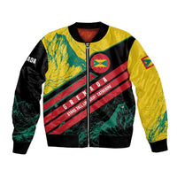 Unisex bomber jacket, multicolor flag and mountain graphic with zipper front and quote