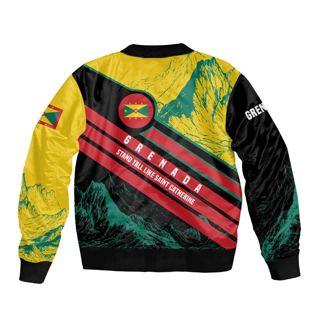 Unisex bomber jacket back, multicolor mountains and Grenada flag crest with slogan text