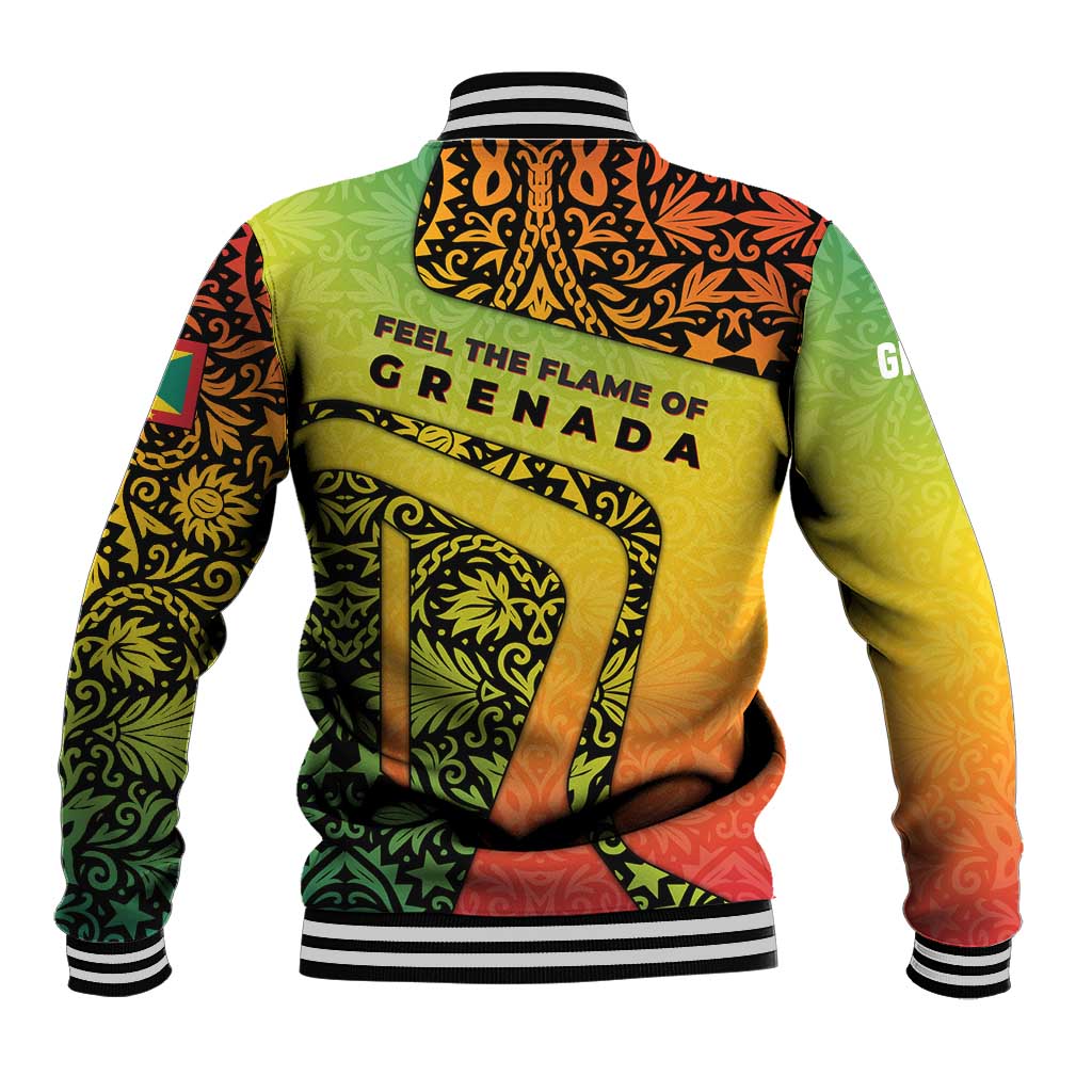 Grenada Tribal Floral Pattern Baseball Jacket with Rasta Gradient and Flame Motto Design - Wonder Print Shop