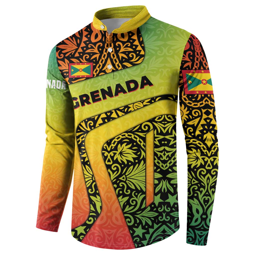 Grenada Tribal Floral Pattern Button Sweatshirt with Rasta Gradient and Flame Motto Design - Wonder Print Shop