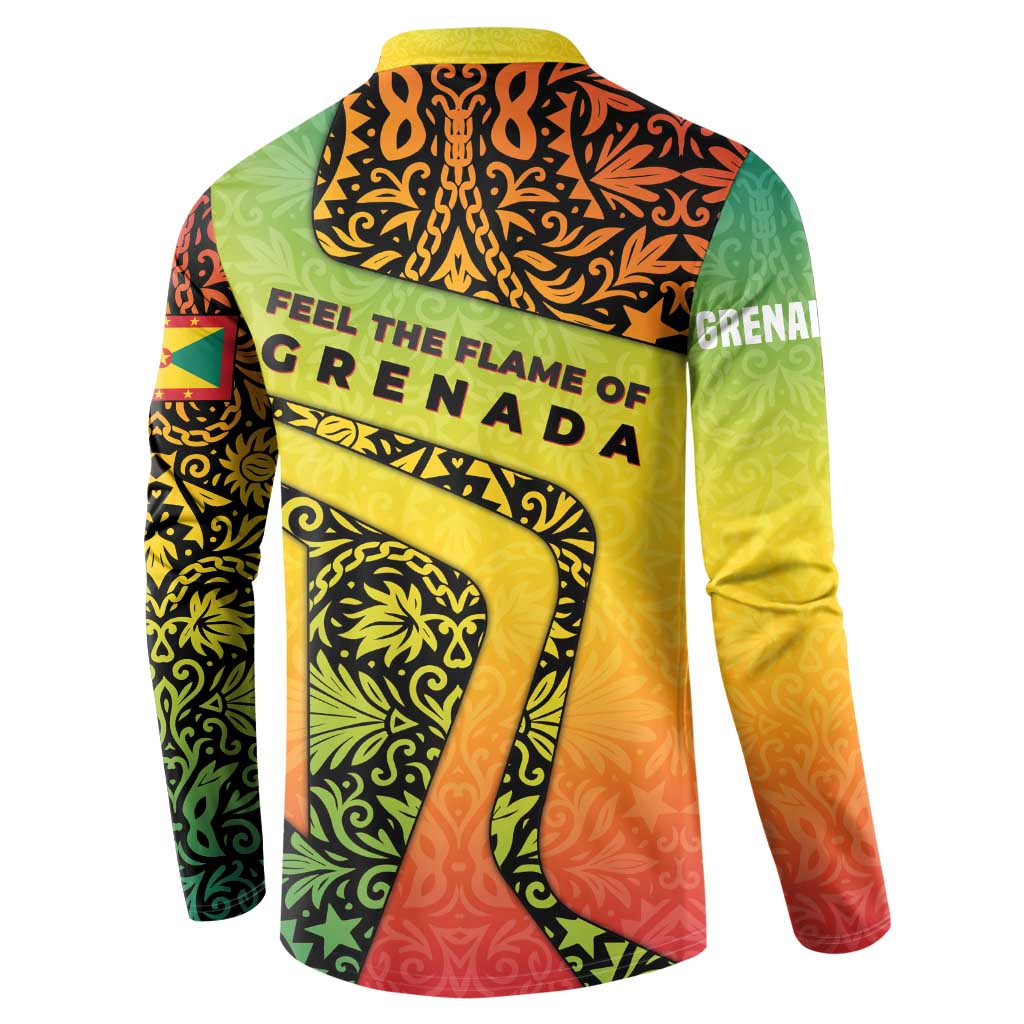 Grenada Tribal Floral Pattern Button Sweatshirt with Rasta Gradient and Flame Motto Design - Wonder Print Shop
