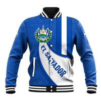 Blue patterned baseball jacket with white curved panel, coat of arms crest, and curved 'El Salvador' text