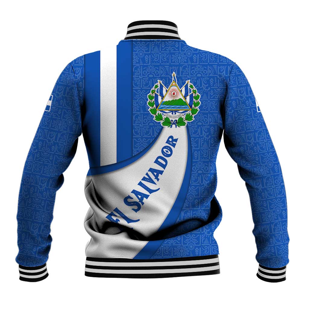 Blue patterned baseball jacket back view with white curved panel and coat of arms crest, 'El Salvador' text