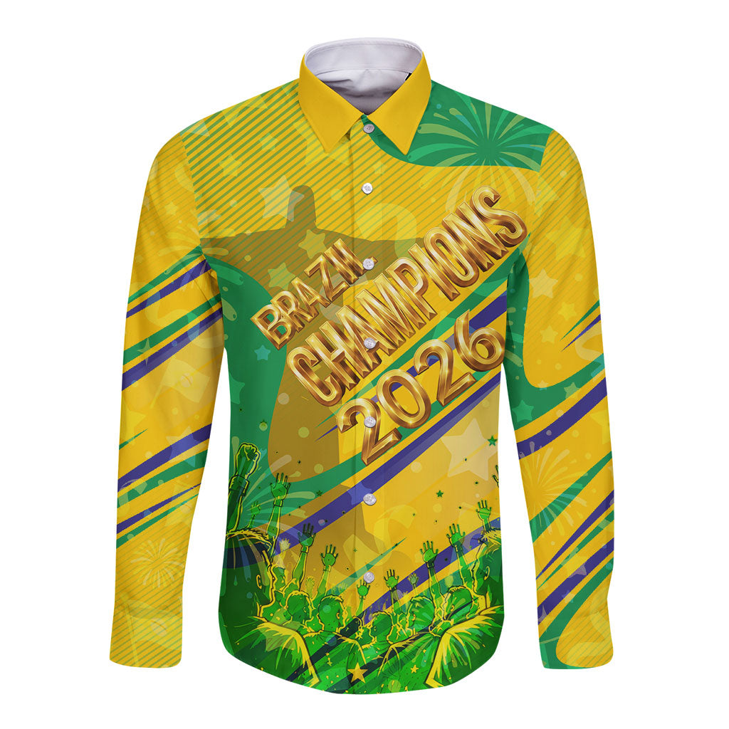 Brazil Football Champions 2026 Long Sleeve Button Shirt Sovereign Jaguar Golden Trophy 3D Graphic Design