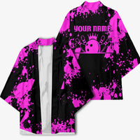 Pink Paint Splatter Design Kimono with Bowling Graphic and Custom Team Name Text - Wonder Print Shop